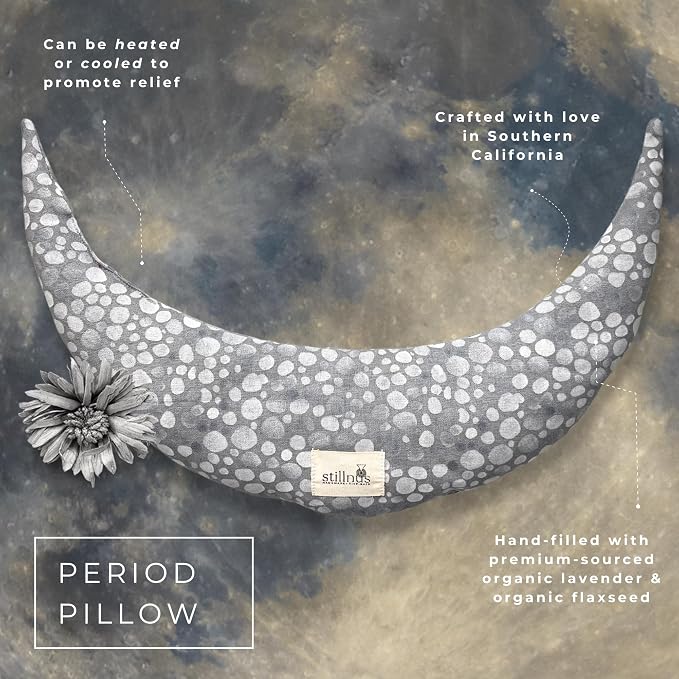 Stillnus Crescent Moon Pillow – Grey Dots – Weighted Aromatherapy Neck & Cramp Relief with Lavender & Flaxseed – Hot or Cold Compress for Stress, Hormone Balance & Relaxation