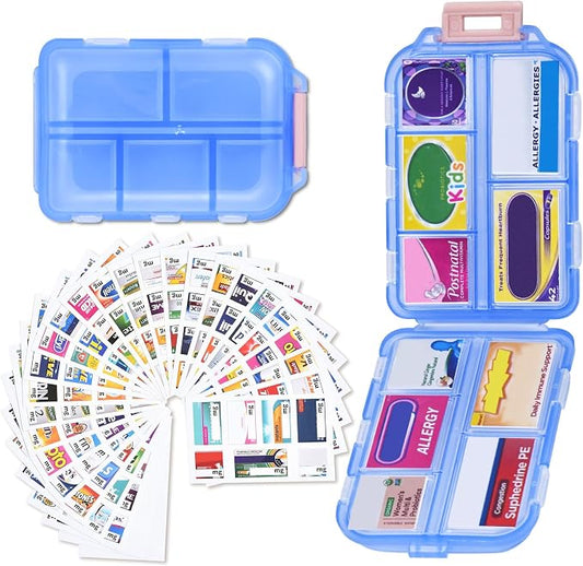 Large Travel Pill Organizer with 189 Stickers, 10 Compartments Travel Medicine Organizer Travel Pill Box Pill Case for Purse Airplane Car Nurse Vacation Essentials (Blue, 1 Pack)