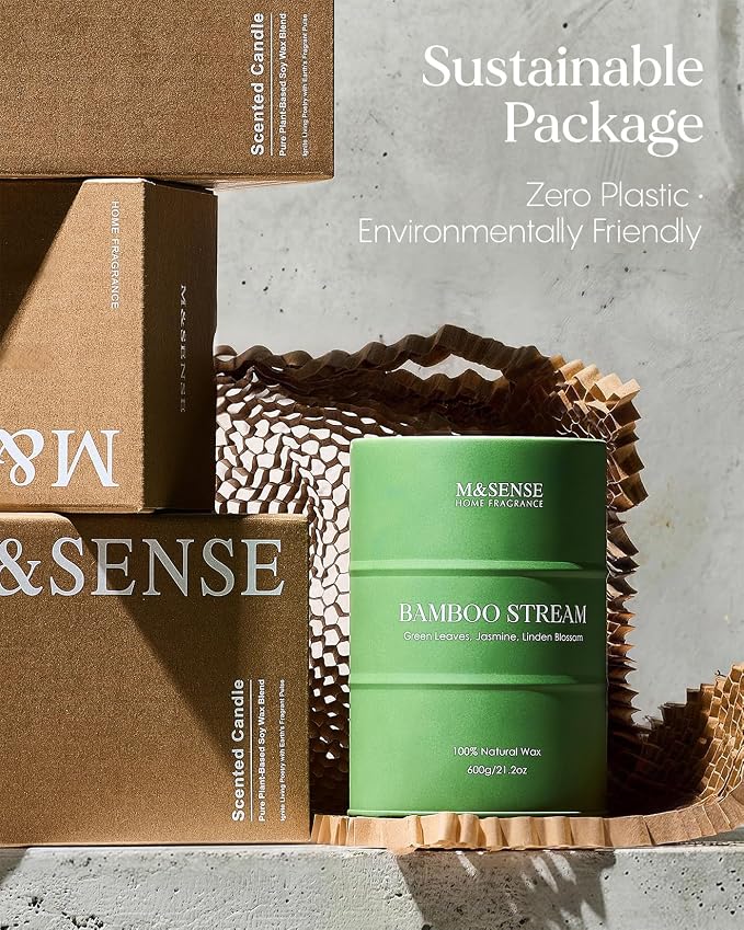 M&SENSE Bamboo Scented Candles Natural Non Toxic, Large Aromatherapy Candle for Stress Relief Meditation Relaxing, Housewarming Gifts for Women Men, 21.2oz 120 Hour Long Burning