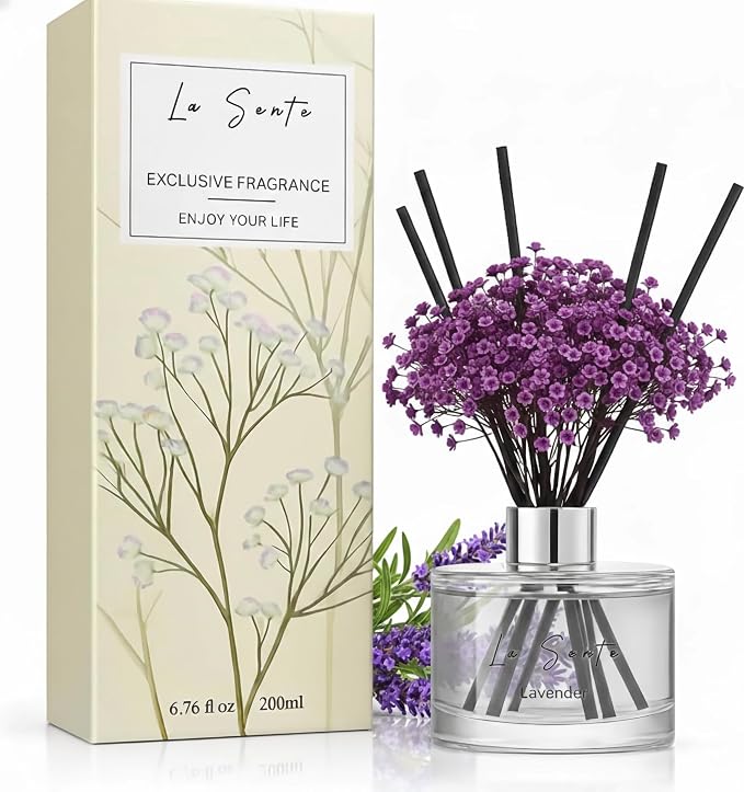 Reed Diffuser Set (6.7fl oz), Natural Lavender Essential Oil Fragrance with Glass Bottle, Black Rattan Sticks & Preserved Flowers, Up to 120 Days Lasting Fragrance for Home & Office