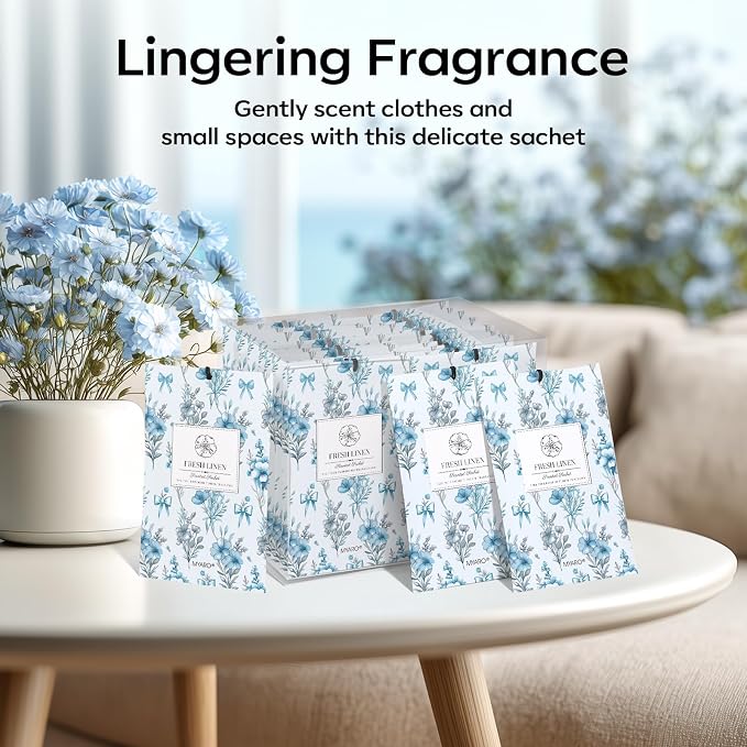 MYARO 20 Pack Scented Sachets Air Freshener for Home：Fresh Linen Hanging Fragrance Potpourri Bag – Home Decor Odor Freshener for Closet, Drawer, Storage, Suitcase, Bathroom – Housewarming Gift