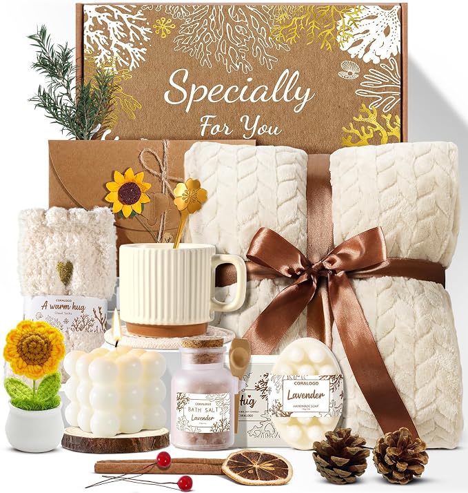 Spa Gift Baskets for Women - Birthday Gift Basket, Get Well Soon, Self Care, Relaxing Sunflower Package, 11pcs Spa Sets with White Blanket, Luxury Gifts for Her Anniversary Mothers Day