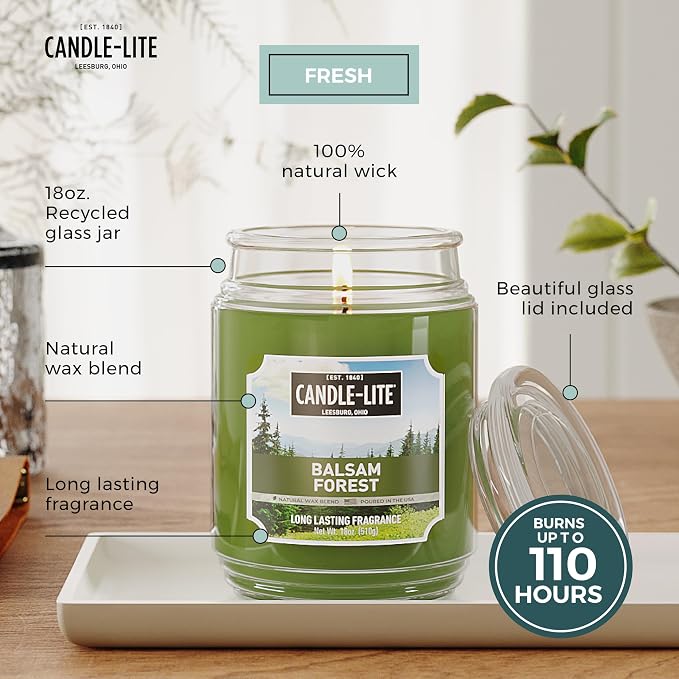 Candle-lite Fall Scented Candles, Balsam Forest Fragrance, 18 oz Jar, Proudly Poured in USA, Aromatherapy Candle, Single-Wick with 110 Hours of Burn Time, Perfect for Creating a Refreshing Ambiance