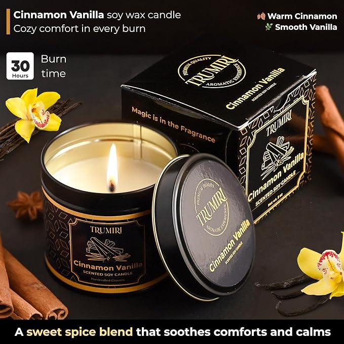Vanilla Candle with Cinnamon Strong Scented Soy Candel Natural Non Toxic Velas Aromáticas for Women Gift for Fall Christmas Holidays Pack of 1 5Oz Decorartive Travel Tin