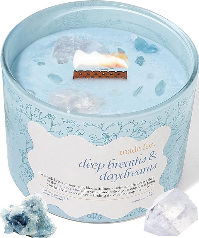 Blue Crystal Candle for Women – 12oz Large Luxury Soy Wax with Crackling Wood Wick, Slow Burn Meditation with Healing Crystals, Birthday or Mother’s Day Gift
