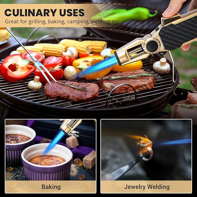 Butane Torch Lighter Kitchen Torch with Safety Lock, Butane Refillable Gas Lighter Cooking Torch - Adjustable Windproof Jet Flame for Camping Baking BBQ Soldering Grill Candle (Gas Not Included)
