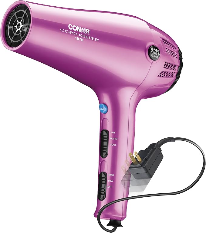 Conair HairDryer with Retractable Cord, 1875W Blow Dryer, 3 Heat Settings, 2 Speeds, BlowDryer with Diffuser and Concentrator Attachments, Ionic + Tourmaline Technology, Pink (Pack of 4)
