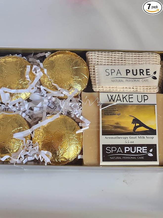 Spa Pure Aromatherapy Gift Set: Wake Up Large Artisan soap, 4 Shower Steamers, made with plant based ingredients, includes Cotton Steamer Bag & Soap Bag