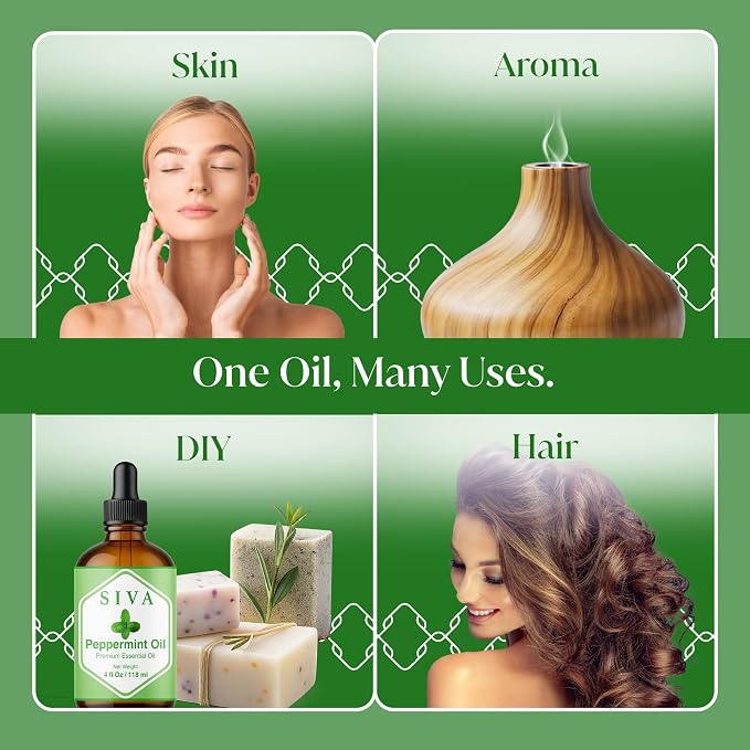 Siva Peppermint Essential Oil 4 Fl Oz – for Diffuser, Skin & Hair Care – Ideal for Aroma, Massage & DIY Blends- with Dropper
