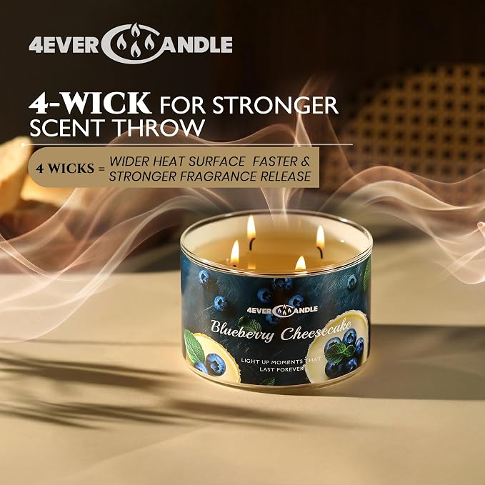 4EVER Scented Candles | 4-Wick 18oz Soy Wax Candle | Up to 50Hrs Clean Burn | Aromatherapy Candles for Home Scented | Gifts for Women & Mom, Blueberry Cheesecake