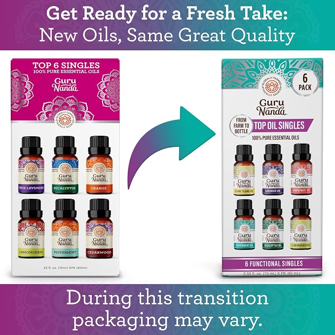 GuruNanda Essential Oils Set – 6 Pack (10mL Each), Lavender, Peppermint, Eucalyptus, Lemongrass, Grapefruit & Ylang Ylang, 100% Natural Aromatherapy Oils for Diffuser, Massage & DIY Candle Making