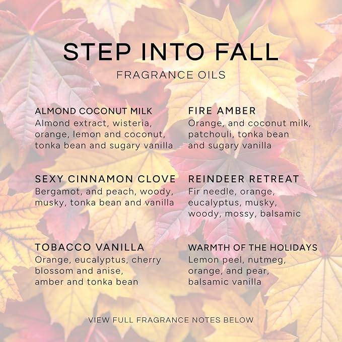 Eternal Essence Oils Step Into Fall Set of 6 Premium Fragrance Oils - Almond Coconut Milk, Fire Amber, Sexy Cinnamon Clove, Reindeer Retreat, Tabacco Vanilla, and Warmths of the Holidays - 10ML