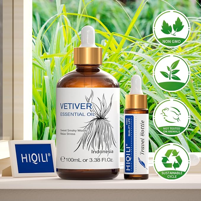 HIQILI 100ML Vetiver Essential Oil, for Diffuser Calm and Relation- 3.38 Fl Oz