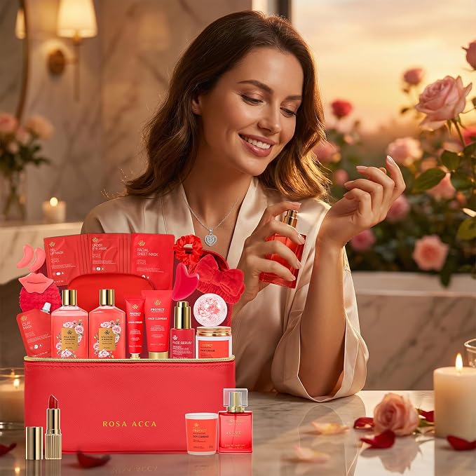 25 Pcs Mother's Day Gift, Red Rose Bath & Body Gift Basket Set for Women, Hydrating Skin Care Set, Home Spa Self Care Gifts, Cosmetic Bag, Necklace, Christmas, Birthday, Anniversary