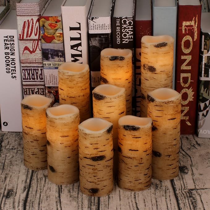 Vinkor Flameless Candles Battery Operated Candles Birch Effect 4" 5" 6" 7" 8" 9" Set of 9 Real Wax Pillar LED Candles with 10-Key Remote Control 2/4/6/8 Hours Timer