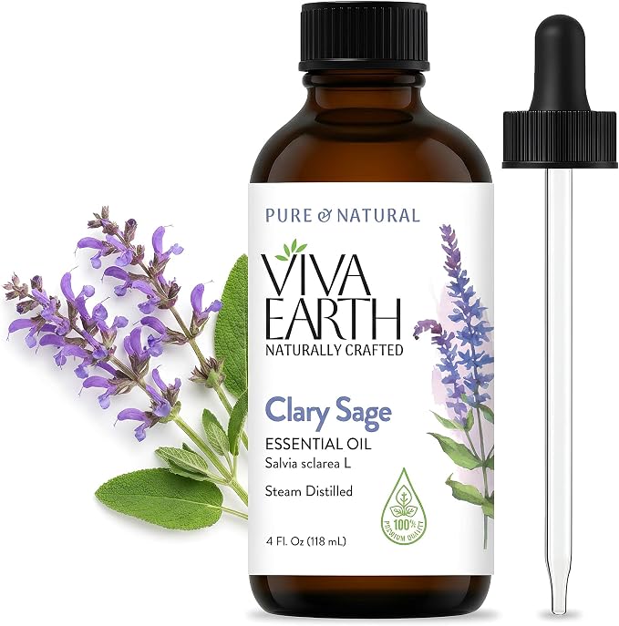Clary Sage Essential Oil – 100% Pure and Natural Clary Sage Aroma for Diffusers, Aromatherapy, Hair and Scalp Care, Skin Care, Massage Oils, Soap and Candle Making – with Dropper, 4 oz