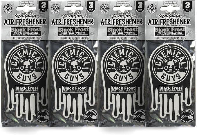 Chemical Guys Car Fresheners, Hanging Air Freshener, Black Frost Scent 12 Pack, Great for Cars, Trucks, SUVs, RVs, Home, Garage, Workspace, Dorm Room & More (4 x 3 Packs)