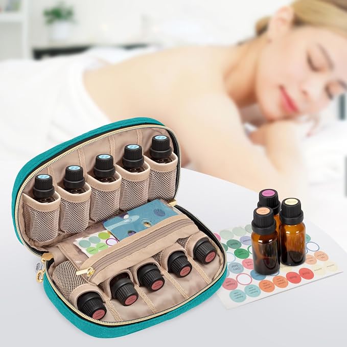 LUXJA Essential Oil Organizer -Holds 10 Bottles (5ml-15ml, Also Fits Roller Bottles), Travel Case for Essential Oils with Zipper Pockets (Bag Only),Teal