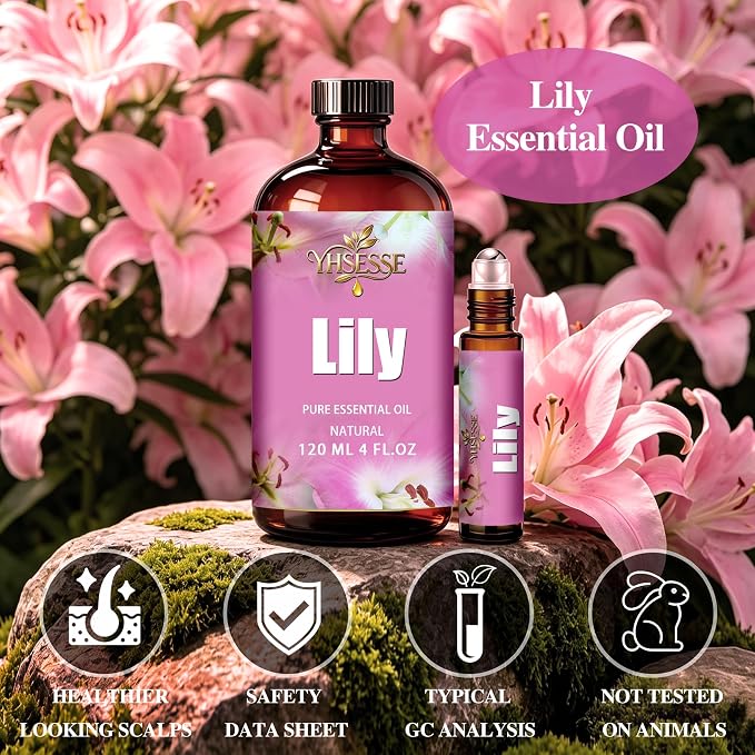 Lily Essential Oil, Lily Oil 4 Fl Oz 120ml for Diffuser Yoga Soap & Candle Making – with 0.33 Oz Roller Ball & Dropper YHSESSE Essential Oils