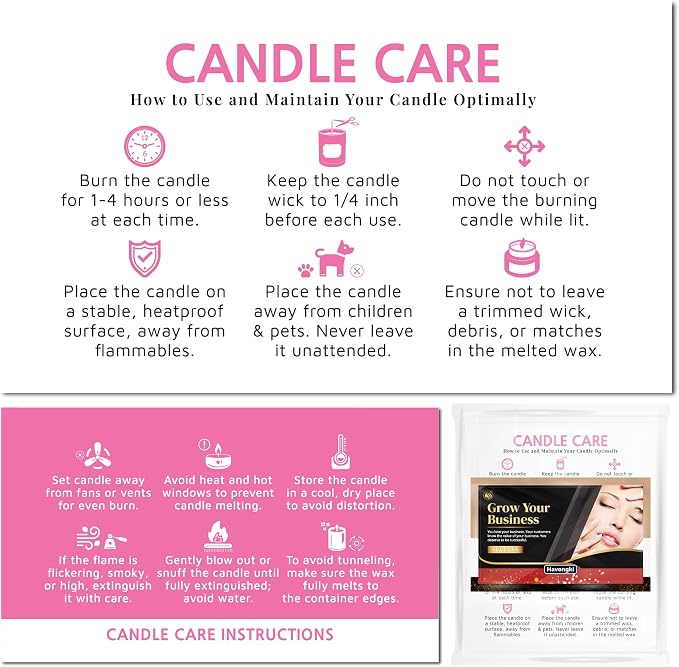 100 pack - Premium Handmade Candle Care Instruction Cards Pink 2x3.5 in, Small Business | Soy Bees Wax Melt, Candle Makers, Making Supplies Kit Set, Containers, Jars, Pot, Package