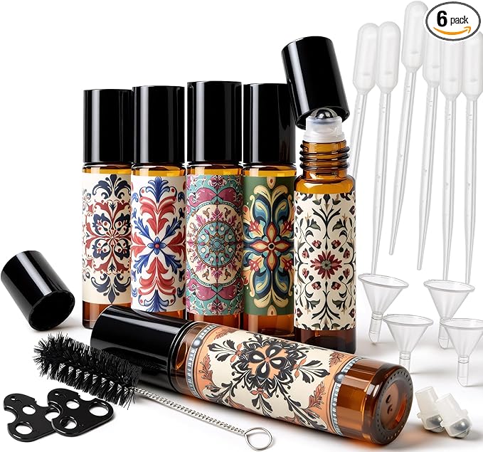 Roller Bottles for Essential Oils Roll On Bottles 6 Pack, 10ml Amber Rollerball Bottle Thick Glass Empty with Oil Perfume Lip Gloss DIY Kits Boho Stickers Leak-Proof Refillable for Travel, Gift