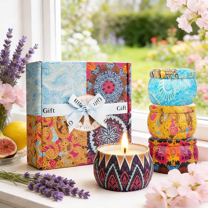 YINUO Scented Candle Gift Set for Women, 4 Pack Long-Lasting Scented Soy Wax Candles with Lavender, Fig, Lemon & Spring, Aromatherapy Candle for Relaxing, Gifts for Women, Mom & Home Décor