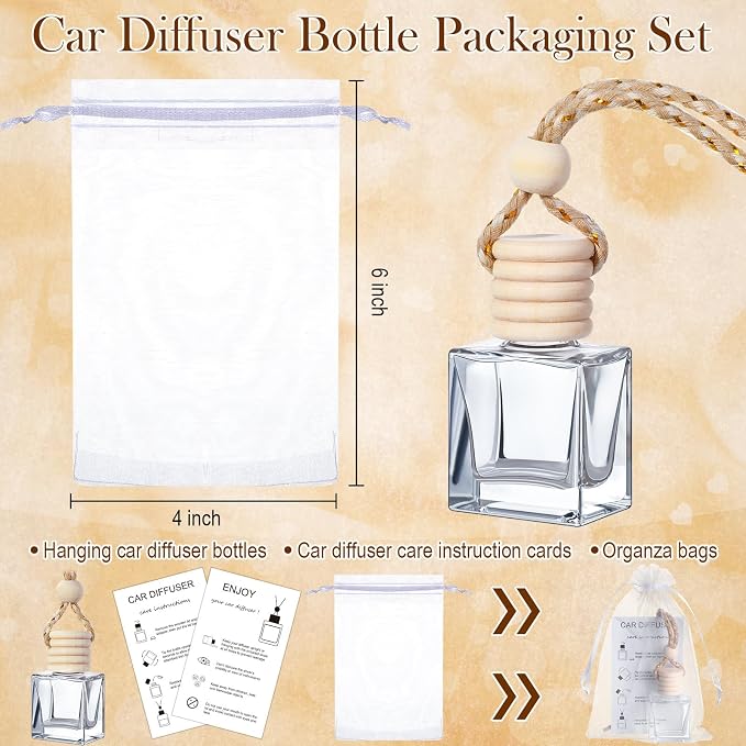 Boao 25 Sets Hanging Car Air Freshener Diffuser Bottles Empty Bulk with Car Diffuser Instruction Cards Organza Bags Glass Refillable Essential Oil Fragrance Aromatherapy Pendant (Flat Square,Clear)