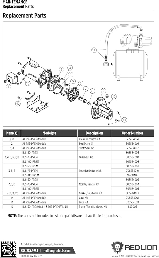 Red Lion 305584008 Overhaul Kit for RJS-100-PREM 1 HP Shallow Well Jet Pump, Natural