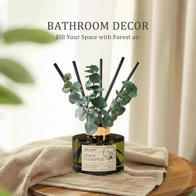 Airkeep Reed Diffuser Set with 6.76 fl oz Lemon Eucalyptus Scent Essential Oils and 3 Leaves & 8 Diffuser Sticks,Bathroom Shelf Decor & Air Freshener, House Bedroom Office Decor & Gifts