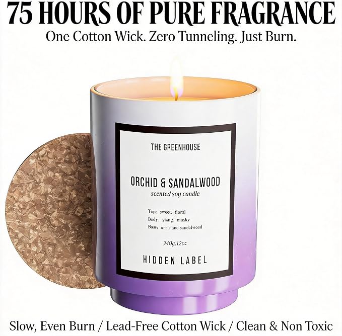 Hidden Label Orchid & Sandalwood Candle, 12oz Natural Soy Wax Non Toxic, 75H Long Lasting Aromatherapy Candle, Essential Oil Jar Candles for Home Scented, Pretty Stress Relief Meditation Gift for Her