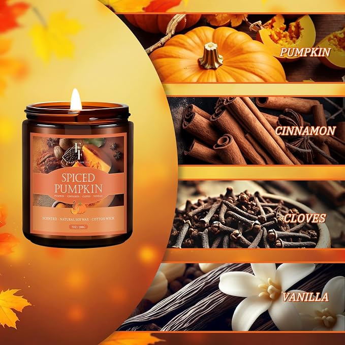 Fall Candle, Spiced Pumpkin Scented Candles for Home, Natural Soy Autumn Candle Aromatherapy Candle, 7 oz Jar Candles Fall Gifts for Women Men