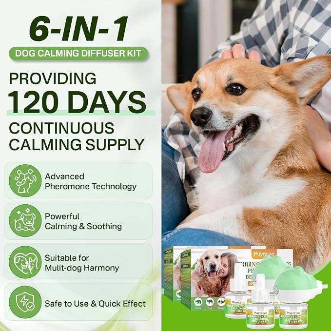puyrzoe Dog Calming Diffuser with Timing Functions, 6-in-1 Dog Anxiety Relief Diffuser Kit, 120-Day Anxiety Relief, Stress Relaxation Pheromones Calming for All Dogs (2 Diffusers + 4 Refills)