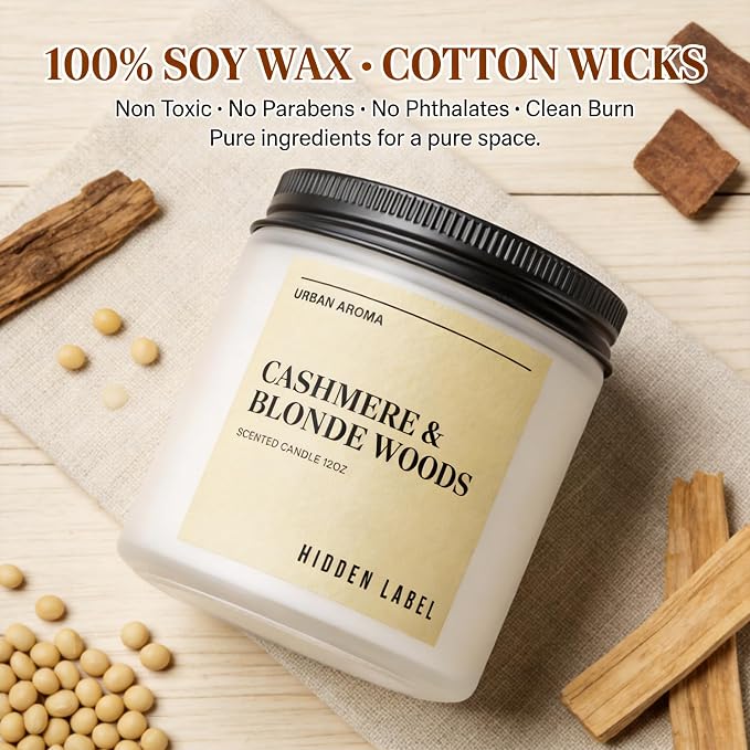 Hidden Label Cashmere Blonde Woods Soy Candle, 12oz 2-Wick, 70H Cozy | Non-Toxic Natural Wax, Paraben & Phthalate-Free, Clean Burn | Gender-Neutral Gift & Elegant Decor | Stress Relief & Grounding