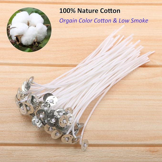 MILIVIXAY 6" Candle Wick Bundle: 100PCS Candle Wicks, 100PCS Candle Wick Stickers and 6PCS Wooden Candle Wick Holders - Wicks Coated with Paraffin Wax, Cotton Wicks Kits for Candle Making.