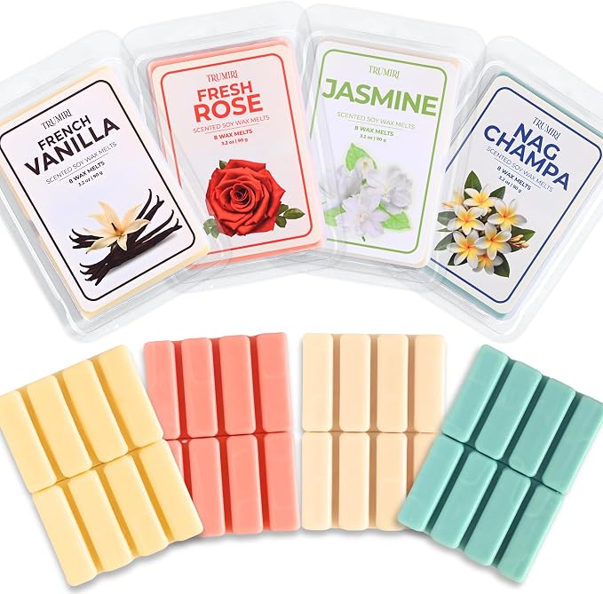 Scented Wax Melts Variety Pack of 4x8ea - Nag Champa|Fresh Rose|French Vanilla|Jasmine - Made with Non Toxic Soy Wax and Essential Oils- Long Lasting Strong Scent Pet Safe Candle Wax Cubes for Warmers