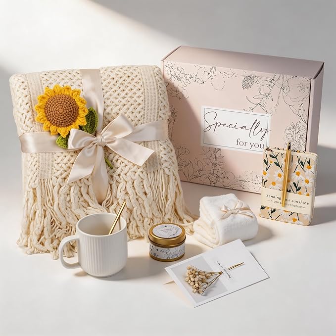 Birthday Gift Baskets for Women, Get Well Gifts for Women, Care Package Self Care, Thank You, Sympathy Friendship Sending Sunshine Sunflower Gift Basket for Mom, Grandma, Sister, Friends, Girls, Her