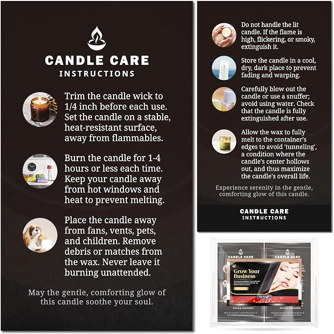 200 pack - Premium Handmade Candle Care Instruction Cards Black 2x3.5 in, Small Business | Soy Bees Wax Melt, Candle Makers, Making Supplies Kit Set, Containers, Jars, Pot, Package