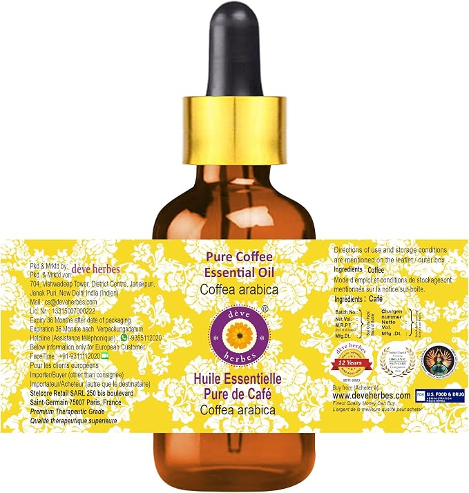 Deve Herbes Pure Coffee Essential Oil (Coffea Arabica) with Glass Dropper Steam Distilled (Pack of Two) 100ml X 2 (6.76 oz)