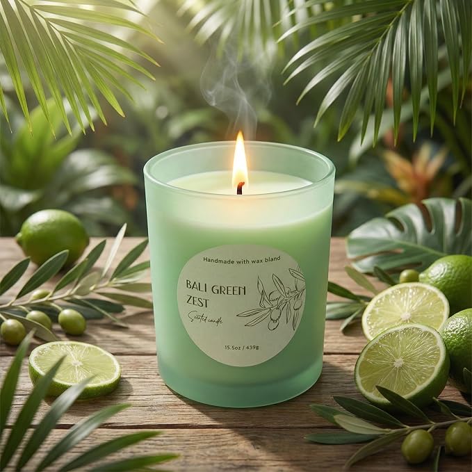 Bali Green Zest Scented Candle 15.5oz – CW Studio Color Glass Jar — Hand-Poured Soy & Paraffin Wax – Clean Burn, Smokeless, Up to 30 Hours, Home Decor & Gift Giving