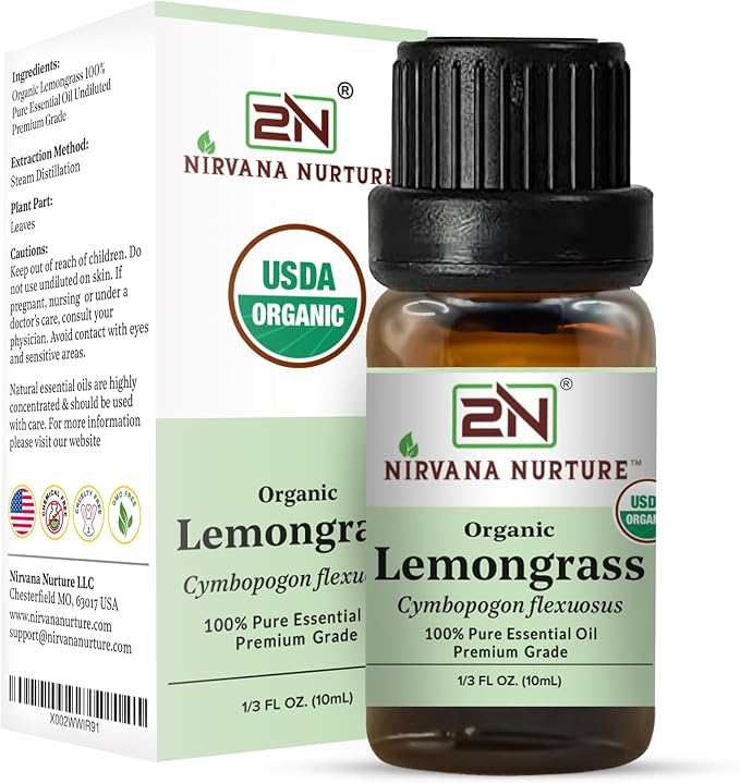 Lemongrass Essential Oil, USDA Certified Organic, 100% Pure Undiluted, Aromatherapy Oil for Diffuser, Hair & Skin Care