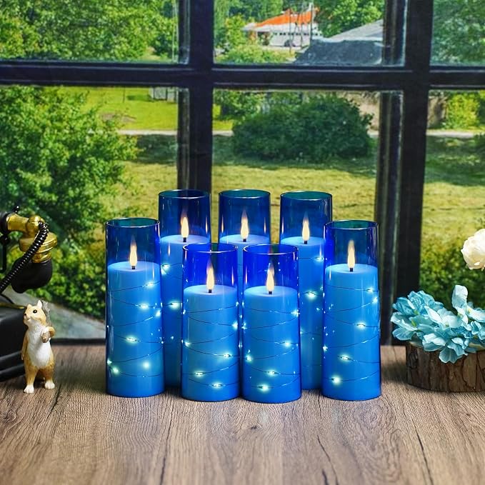 Sasigeiaa Flameless Candles with Embedded Star String - Battery Operated LED Candles, with Remote,12 Blue Flickering Candles for Christmas, Weddings, Home Decor & Party,(D 2.3"×H 5" 6" 7")