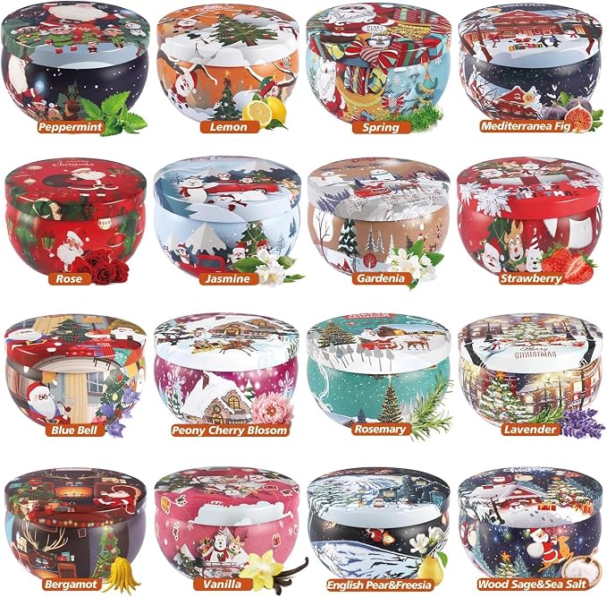 WPONSZU 16Pack Christmas Scented Candles, Gift Set 2.5oz Strong Fragrance Aromatherapy Candles,Portable Travel Tin Jar Candles Gifts for Home Scented Decoration Valentine'sDay