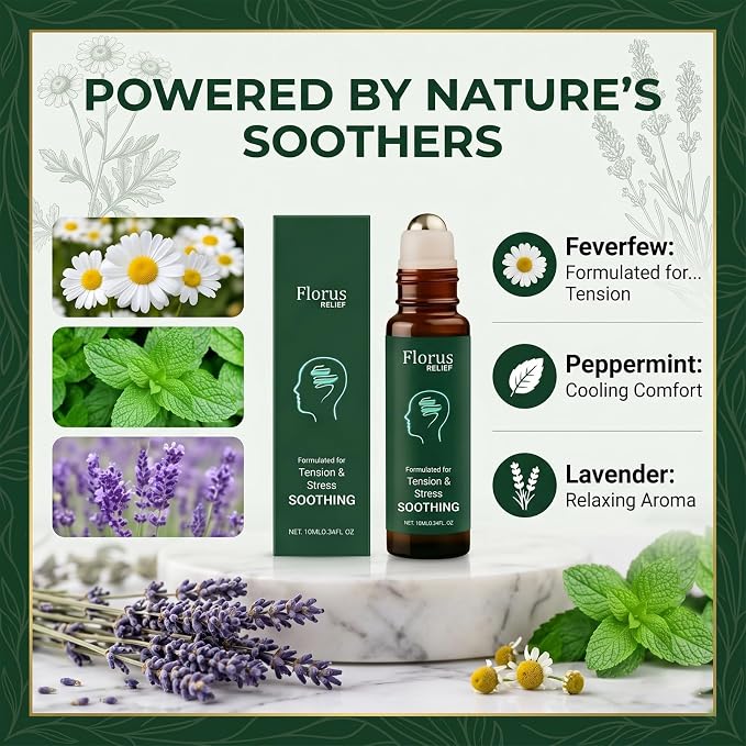 Florus Relief Roll On, Soothing Essential Oil with Peppermint, Soothes Head, Neck and Shoulders