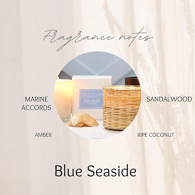 Field + Fleur - Reed Diffuser Set - Home Fragrance Diffuser - Refresh Home, Bedrooms, Bathrooms & More - Notes of Citrus, Oceanic Breeze & Sugary Coconut - Made in the USA - Blue Seaside Scent - 4 oz