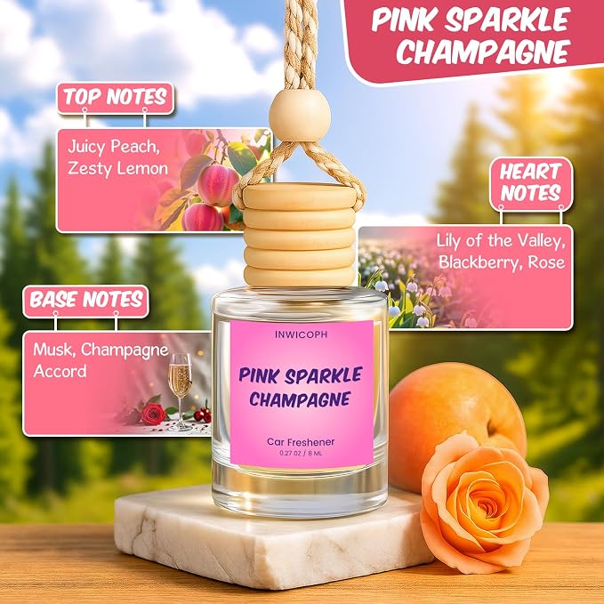 Premium Car Air Freshener Diffuser Set (2 Pack) - Pink Sparkle Champagne Fragrance Oil, 45+ Day Long-Lasting Hanging Auto Freshener