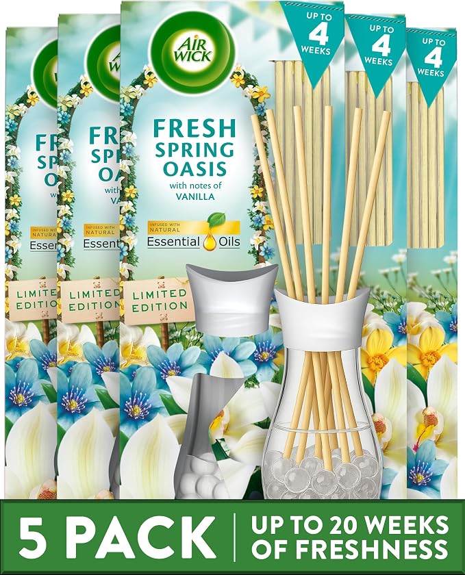 Air Wick Fresh Spring Oasis Essential Oils Reeds Diffuser 25ml. Lasts for up to 4 Weeks. Air Freshener (Pack of 5)