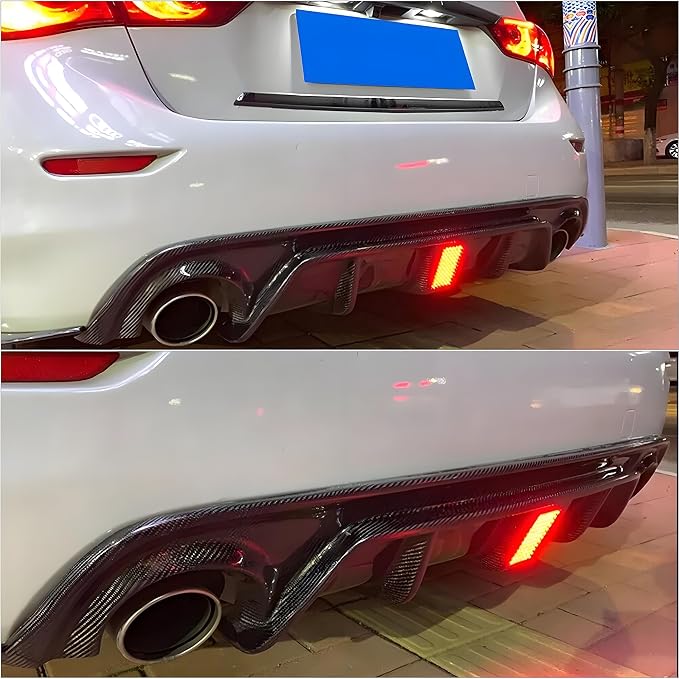 Rear Diffuser with Light Fit for Infiniti Q50 2014 2015 2016 2017, Add-on Body Kit Rear Bumper Lower Lip Splitter Exterior Accessories (Carbon Fiber Style)
