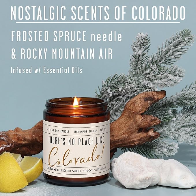 Colorado Gifts, Colorado Decor for Home - 'There's No Place Like Colorado Candle, w/Frosted Spruce & Rocky Mountain Air I Colorado Souvenirs I Colorado State Gifts I 9oz Jar, 50Hr Burn, USA Made