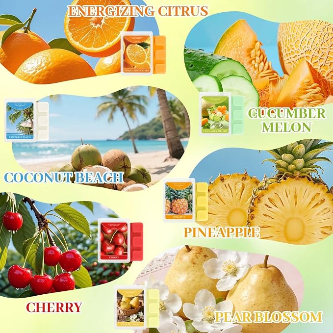 STRN Wax Melts, Soy Wax Cubes 6 Scents Cucumber Melon, Coconut Beach, Pear Blossom, Energizing Citrus, Summer Scented Long-Lasting Home Fragrance for Wax Warmers, Yoga, 1.25 OZ * 6 Packs