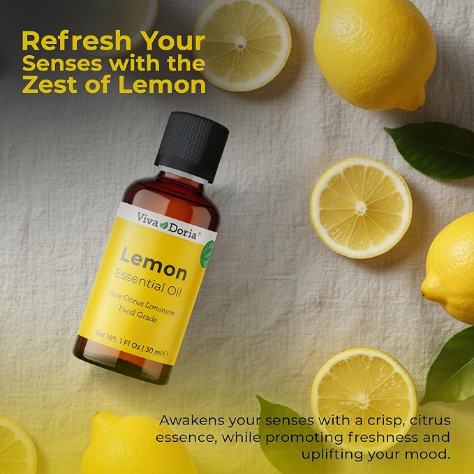 Viva Doria 100% Pure Lemon Essential Oil, Undiluted, Food Grade, USA Lemon Oil, 30 mL (1 Fl Oz)